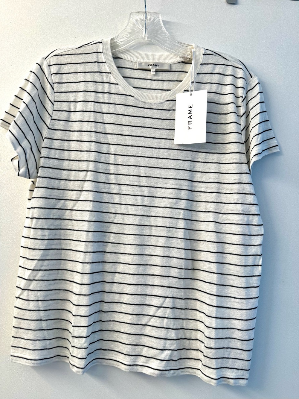 Frame Denim Women's White Tee 100% Organic Linen with Black Stripes